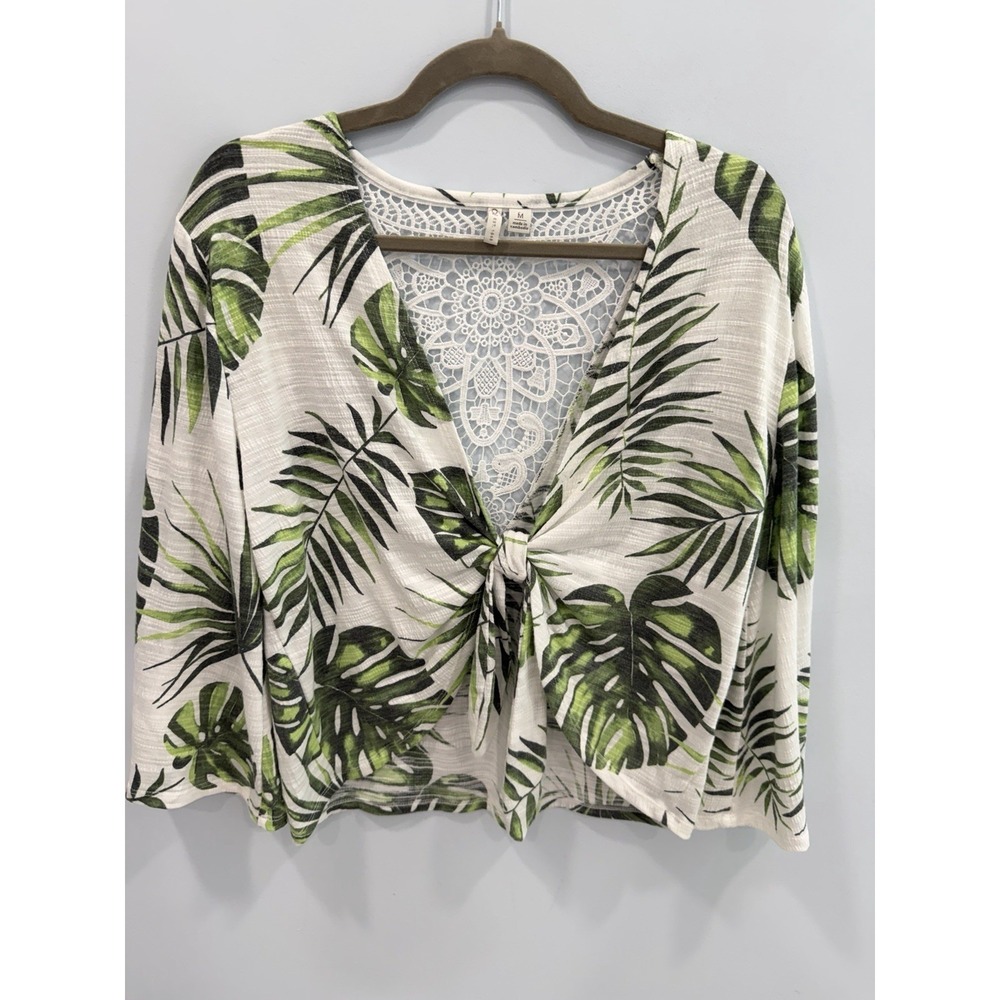 Cato Tropical Palm Print Crochet Back Top M Bell Sleeve Beachy Boho Chic - Picture 2 of 9